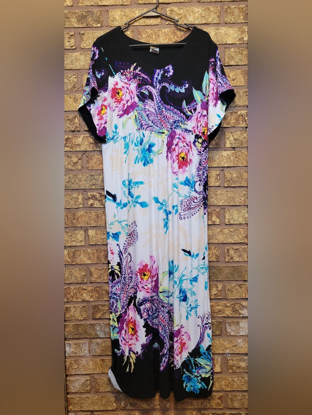 Chico's Floral Paisley Pathwork Maxi Dress Size 2 Large 12/14 Rayon Stretch